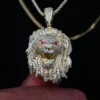 Lion Head Pendant White Round Moissanites Studded Yellow Plated Pendant For Men | Lion Head Hip Hop Style Pendant / Necklace For Unisex