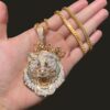 Iced Out Lion Crown Prong Setting White Moissanites Chain Double Color Plated Hip Hop Pendant