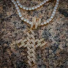 Cuban Link Cross Iced Out Yellow Plated White Moissanites Studded Pendant w/ Tennis Chain Rope Necklace