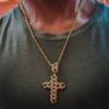 Cuban Link Cross Iced Out Yellow Plated White Moissanites Studded Pendant w/ Tennis Chain Rope Necklace