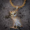 Iced Out White Moissanite Studded Owl Design Yellow Plated Pendant w/ Rope Chain Necklace