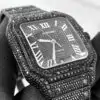Classic Edition Cartier Santos De Fully Iced Out Black Round Cut Moissanite 39 MM Men’s Watch | Hip Hop Men’s Watch
