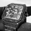 Classic Edition Cartier Santos De Fully Iced Out Black Round Cut Moissanite 39 MM Men’s Watch | Hip Hop Men’s Watch
