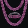 Iced Out Dark Pink Moissanites Studded Cuban Link 19MM Prong Hip Hop Bling Choker Chain Necklace For Men