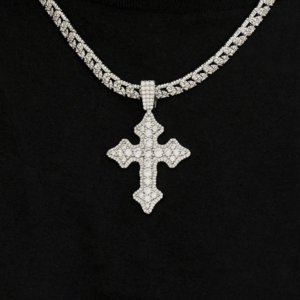 Iced Out Gothic Men's Cross Design White Moissanites Studded Pendant