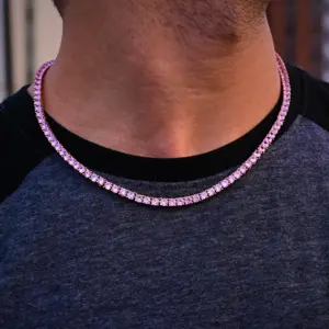"Men’s Pink Diamond Tennis Chain Necklace – Iced Out Bling" - Image 1