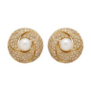 14K Gold Diamond & Pearl Swirl Clip-On Earrings for Women – Luxury Round Vintage Studs