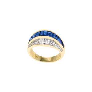 Elegant 14K Yellow Gold Ring With Baguette-Cut Blue Sapphires and Moissanites - Image 2