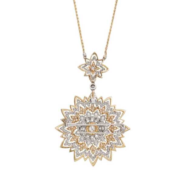 Exquisite 14K Gold Dual-Tone Floral Moissanite Pendant Brooch | Victorian Inspired Necklace Pin